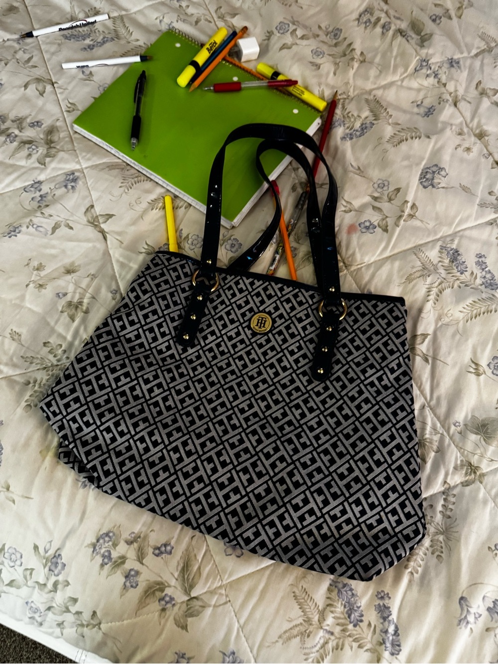 Black & Gray Patterned Tote Bag with Logo Accent